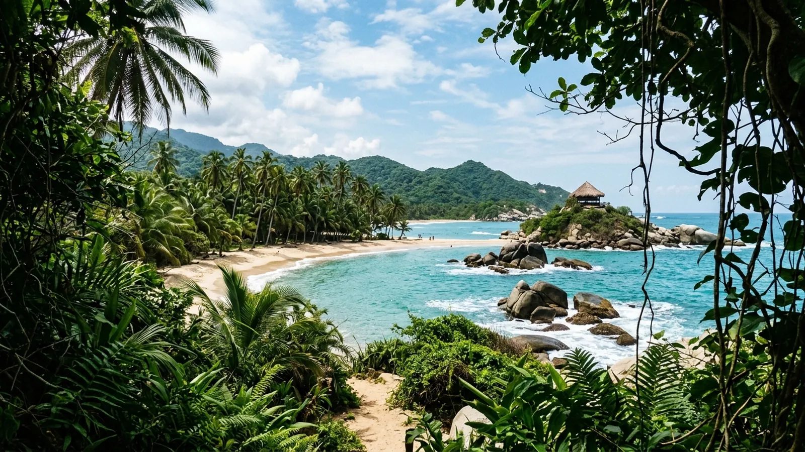 Tayrona beach framed from inside the jungle